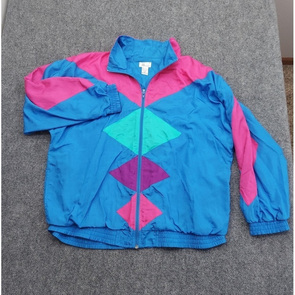 Vtg 80s Bocoo Jacket Women 1X Blue Colorblock Track Nylon Lined Parachute Wind
